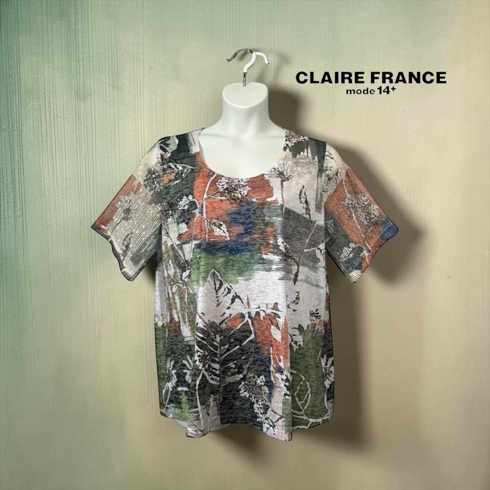 Claire France 14+, Printed Short Sleeve Mesh Panel Top, Plus Size 20W